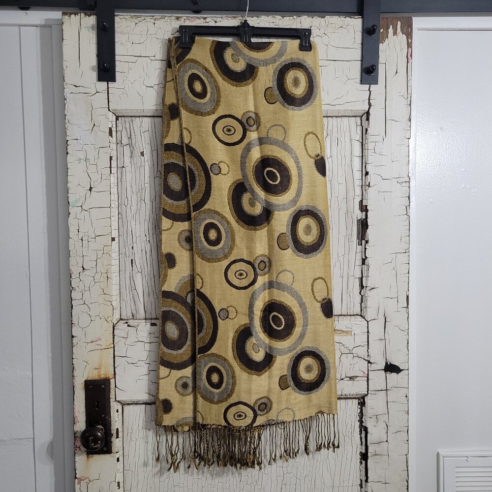 Pashmina Silk Scarf Wrap Shawl Brown Tan Gold Neutrals Geometric Circle 27"x72"